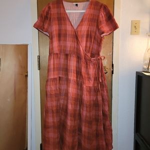 Red checkered wrap dress with pockets
